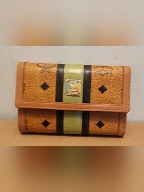 MCM Congnac and Green Signature Trifold Monogram Leather Wallet With Box